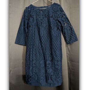 Loft Dress Womens 8 Navy Blue Shift Lace Lined 3/4 Sleeve Whimsygoth Witchy
